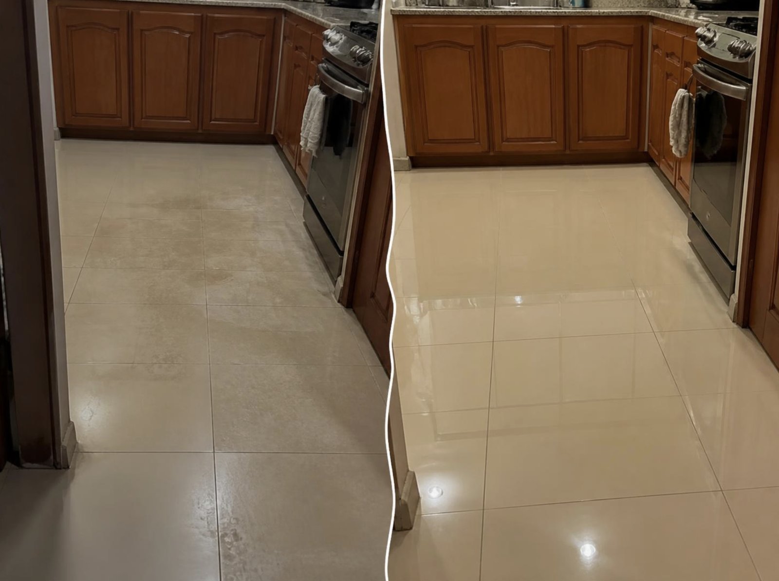 Porcelanato beige de una cocina, opaco y recuperado